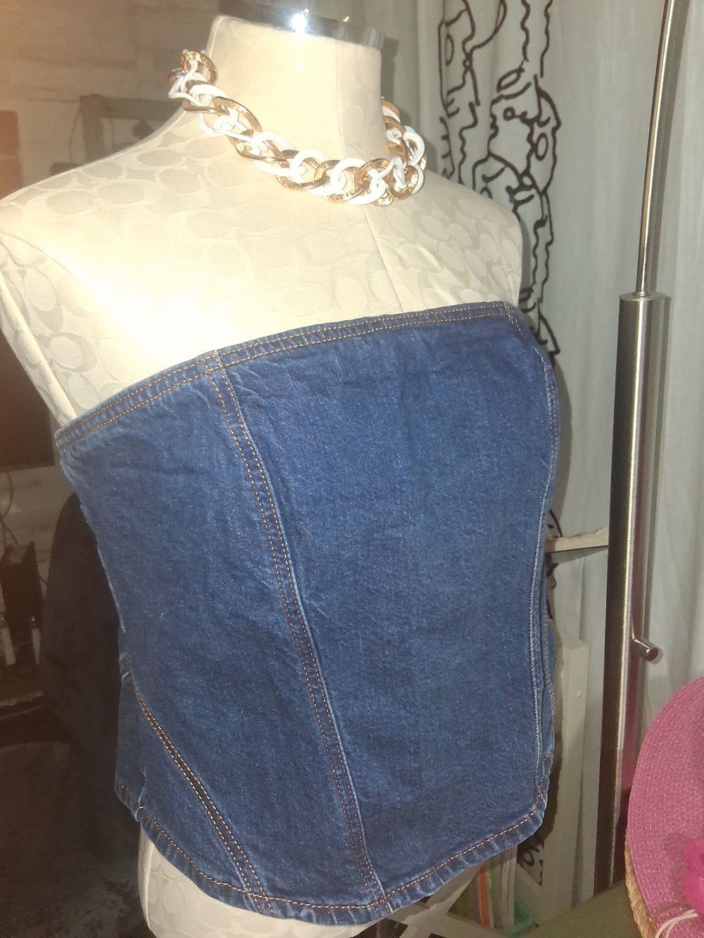 Denim Strapless Bustier Top - Dark Blue